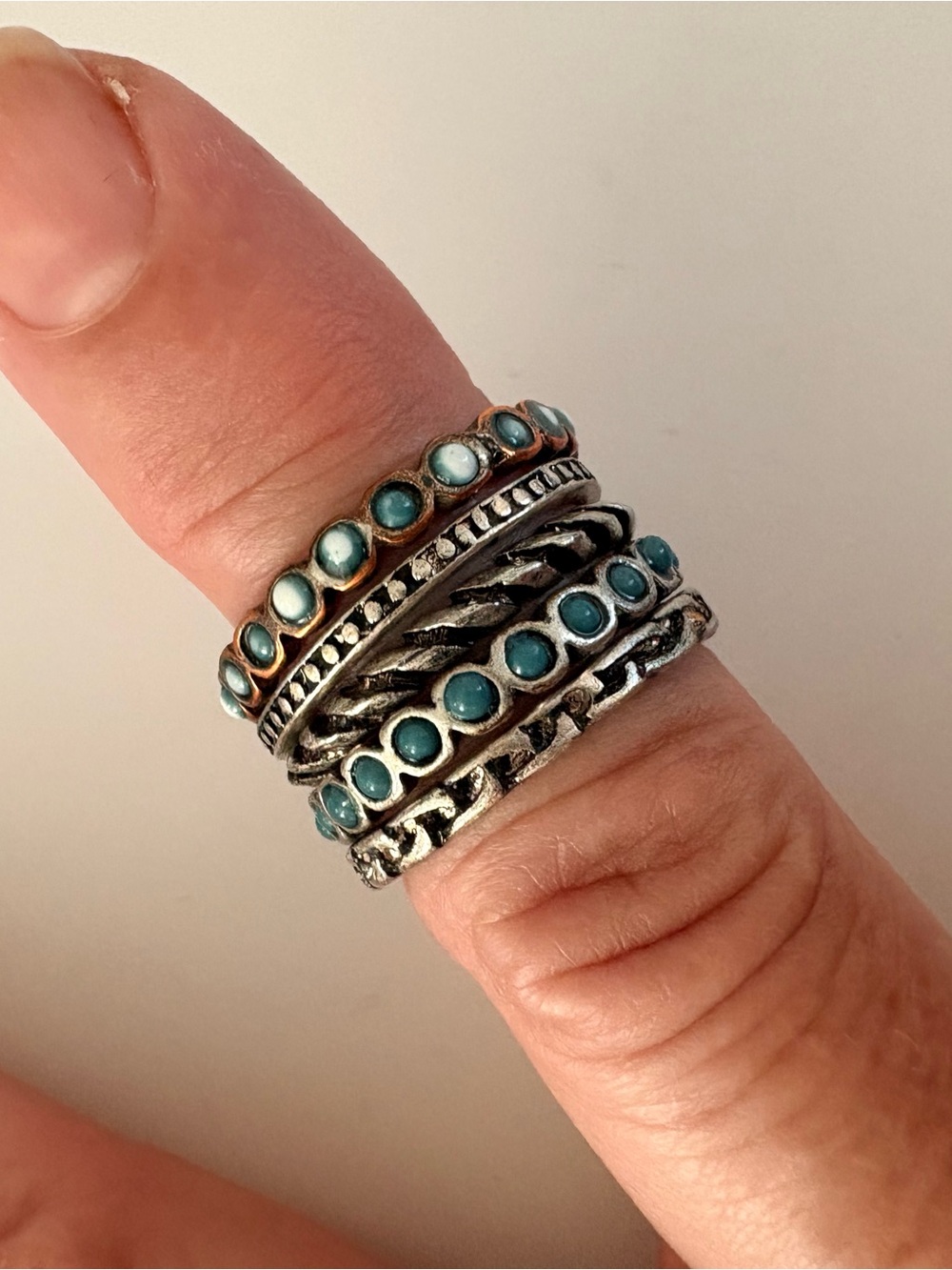 Stackable Silver-Tone Ring Set with Teal Stone Accents